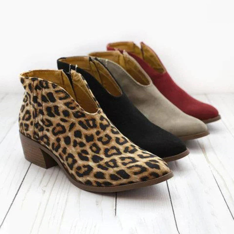 Women's leopard print ankle boots with side zipper and low block heel