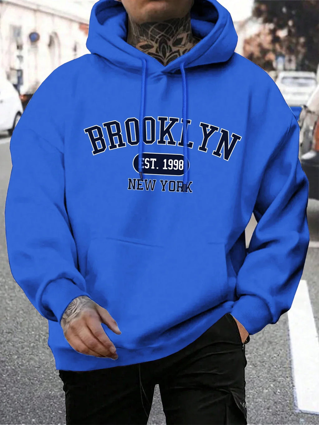 Men's long-sleeve graphic hoodie with drawstring hood and kangaroo pocket