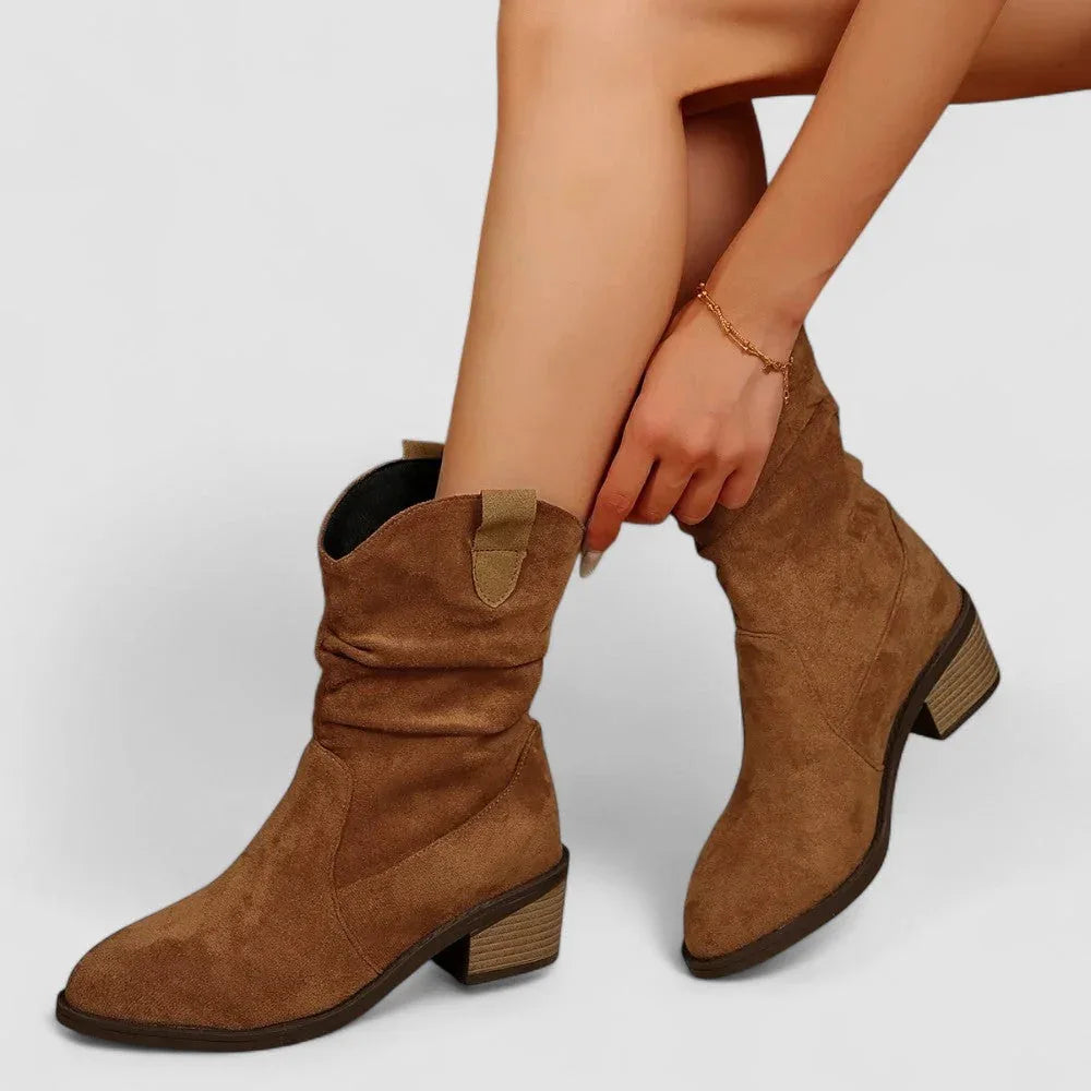 Women's slouch mid-calf boots with pointed toes and block heels