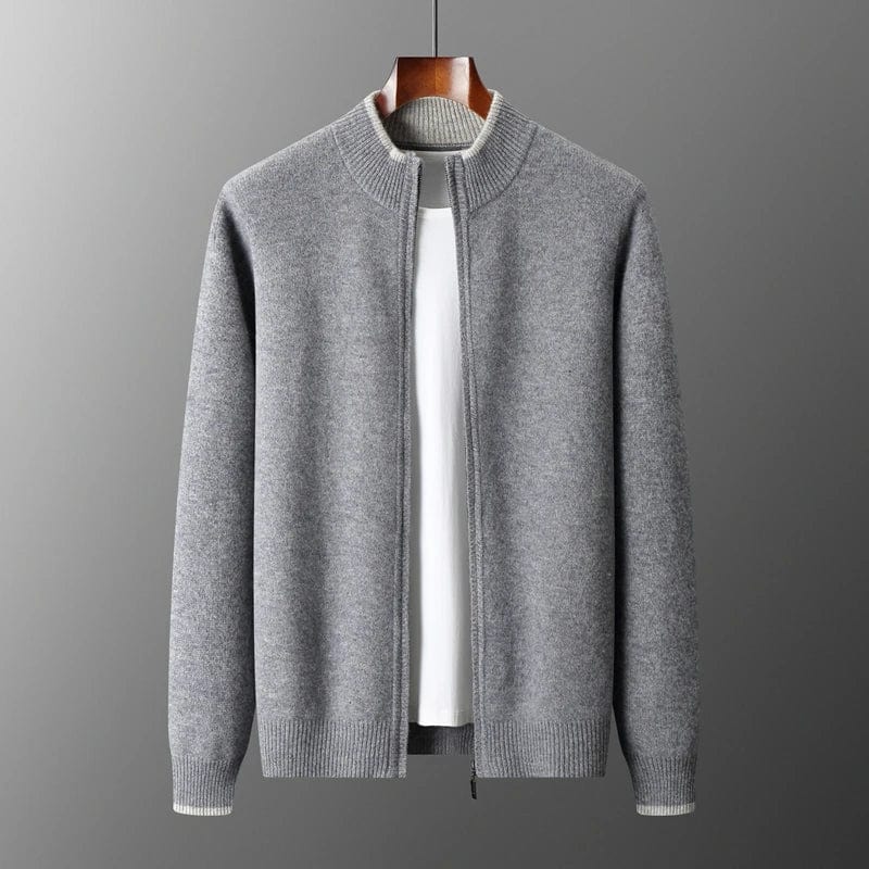 Men's mock neck zip cardigan with ribbed trim