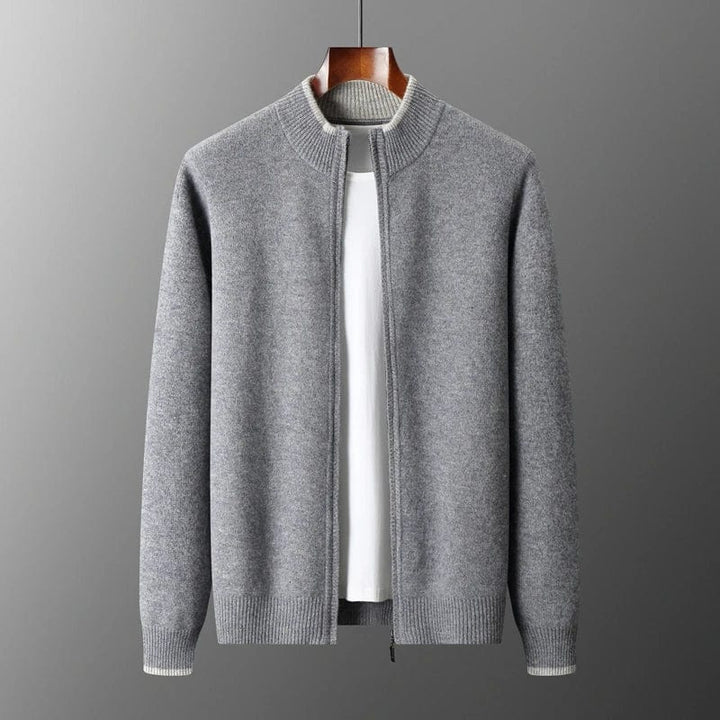 Men's mock neck zip cardigan with ribbed trim