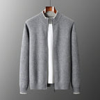 Unisex knitted zip-front bomber cardigan with ribbed collar