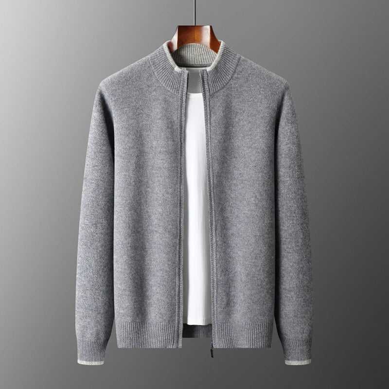 Unisex knitted zip-front bomber cardigan with ribbed collar