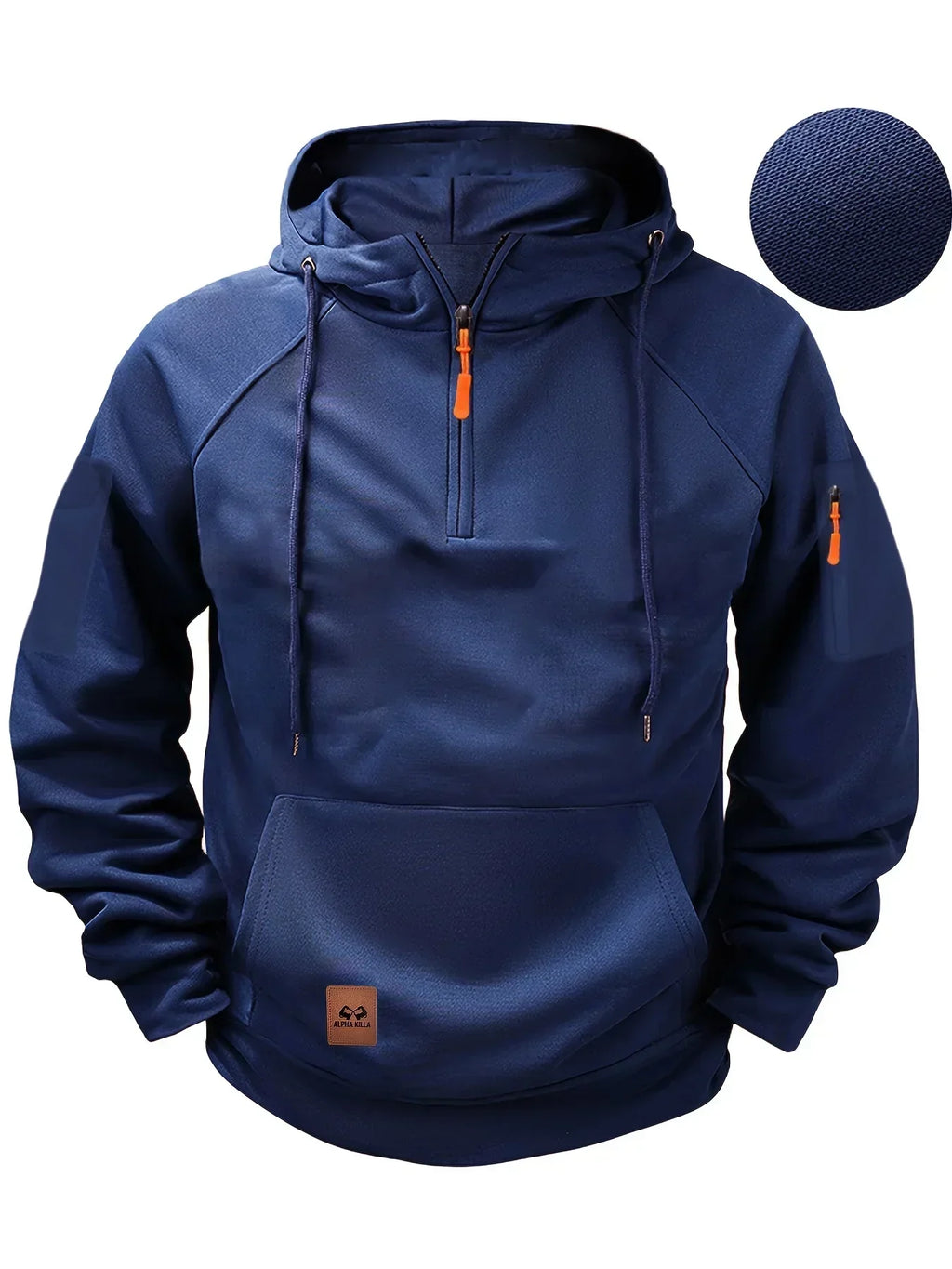 Men's solid hooded zip hoodie with drawstrings, long sleeves and front pouch pocket