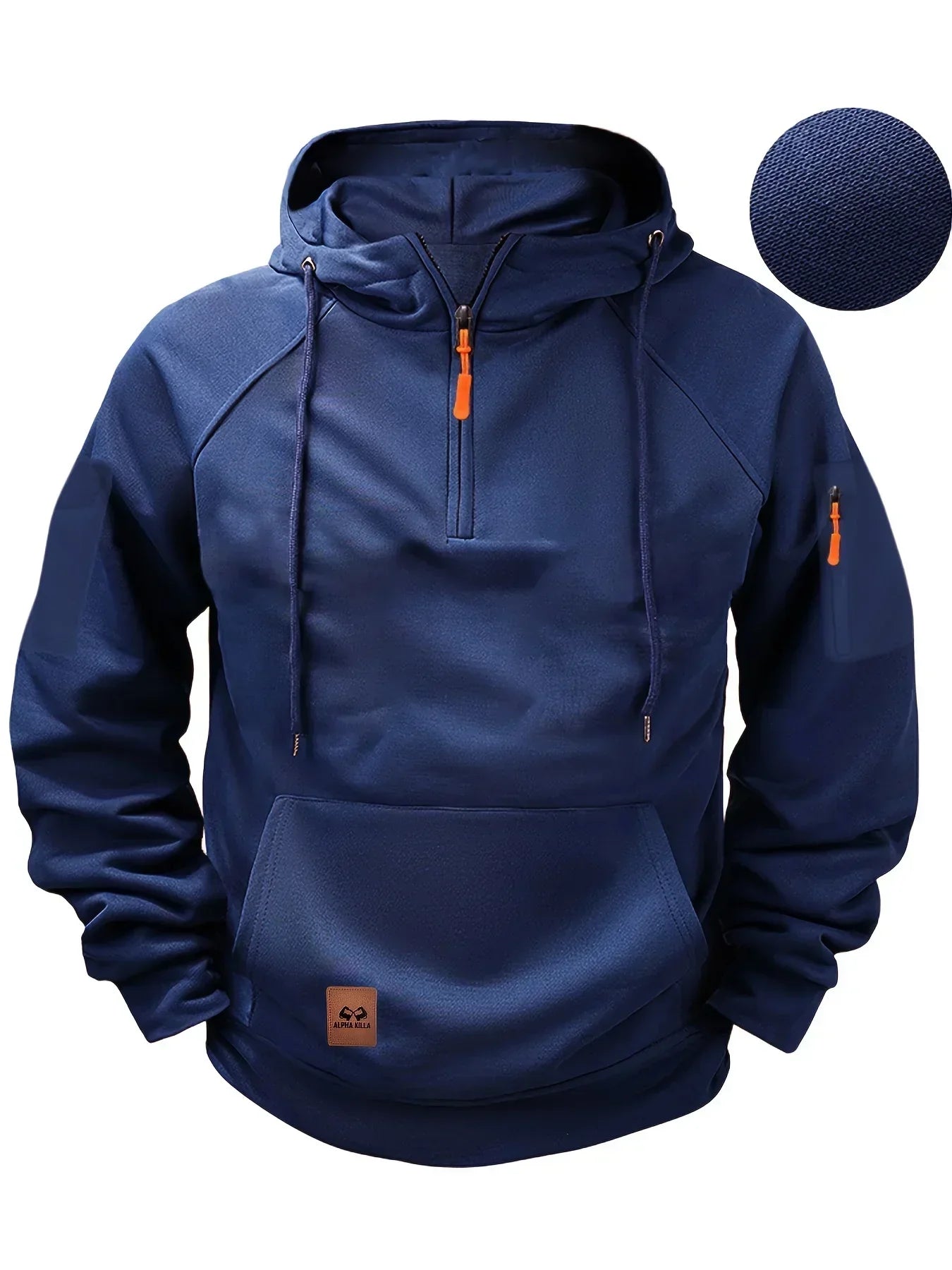 Men's solid hooded zip hoodie with drawstrings, long sleeves and front pouch pocket