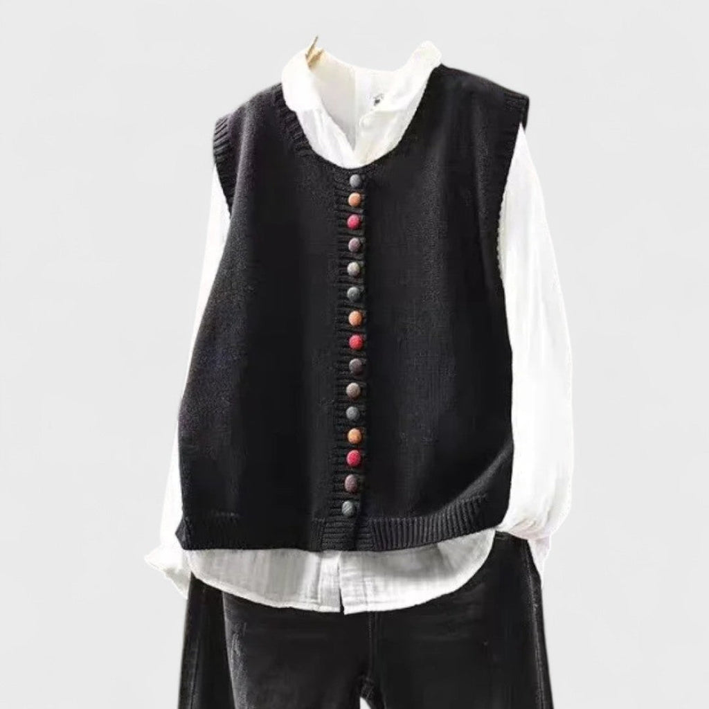 Women's sleeveless V-neck knit vest with colourful buttons