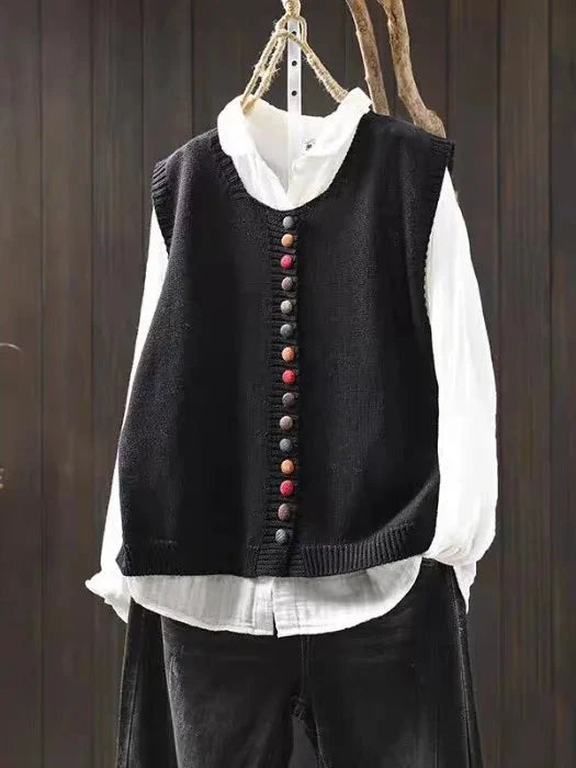 Women's sleeveless knit vest with V-neck and colorful buttons