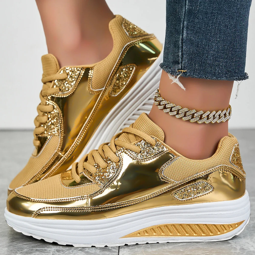 Metallic lace-up sneakers with sequined panels and platform soles