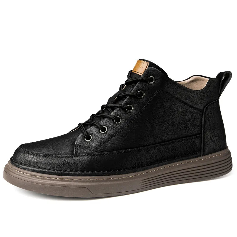 Men's lace-up ankle boots with stitched panels and platform sole