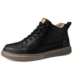 Men's lace-up ankle boots with stitched panels and platform sole