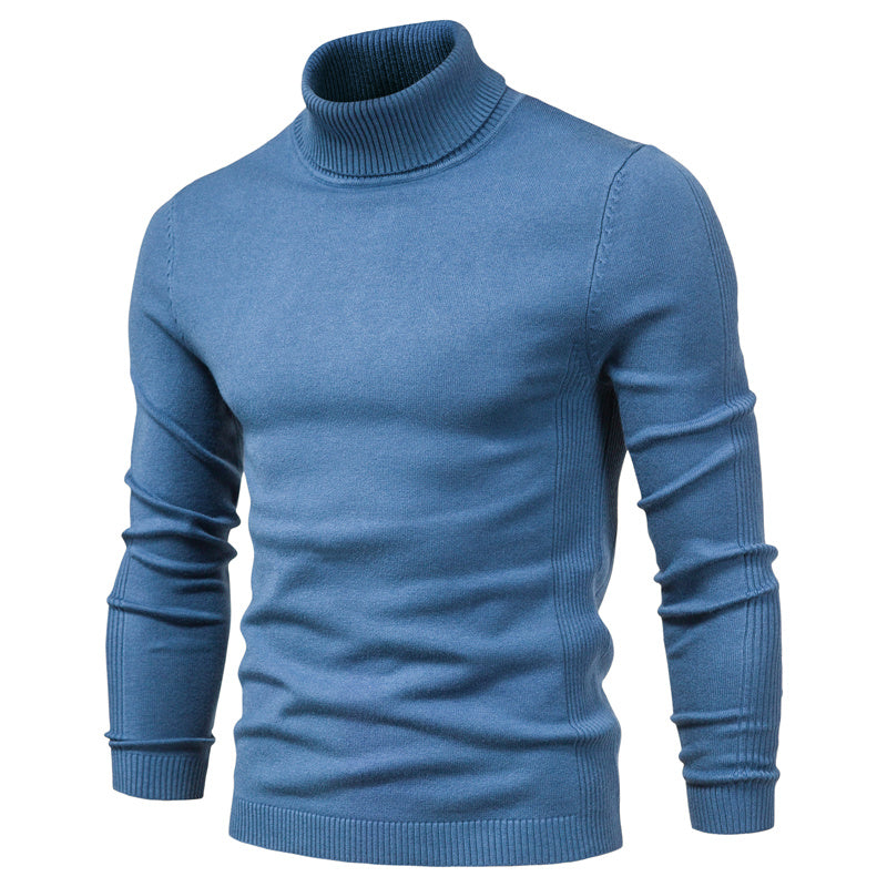 Men's long-sleeve turtleneck sweater with ribbed collar, cuffs and hem
