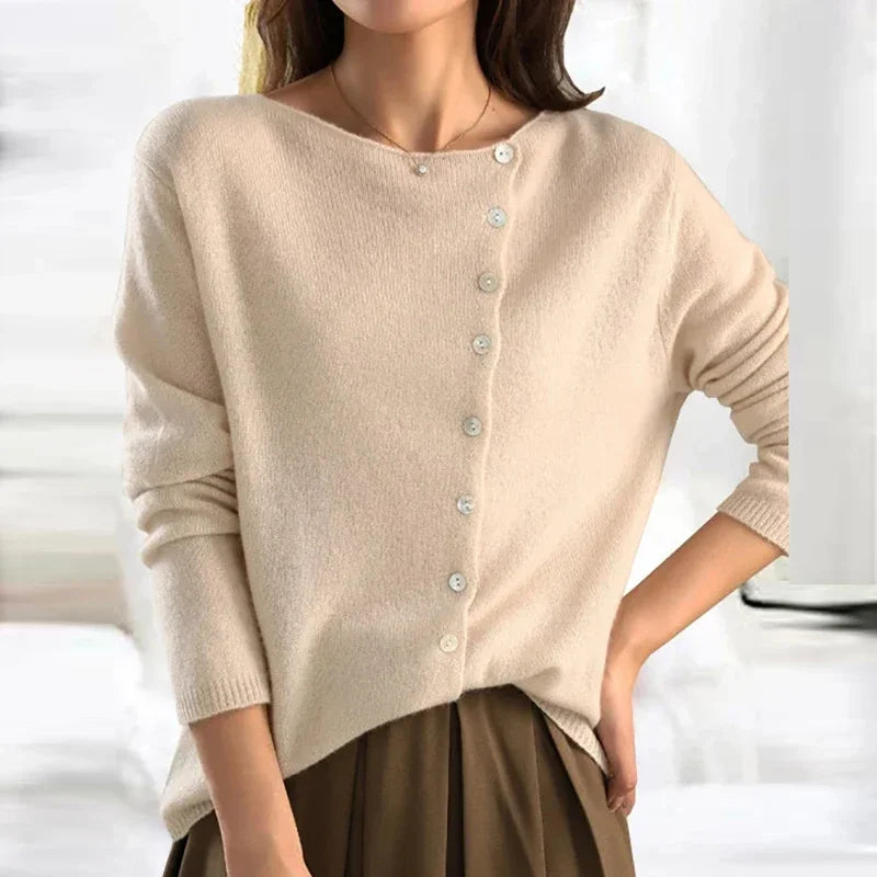 Women's plain long-sleeved button cardigan with a round neckline