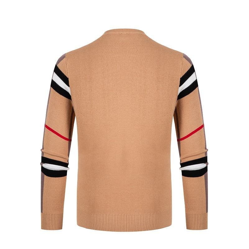 Men's crew neck sweater with striped long sleeves and ribbed trims