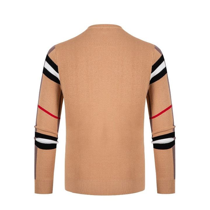 Men's crew neck sweater with striped long sleeves and ribbed trims