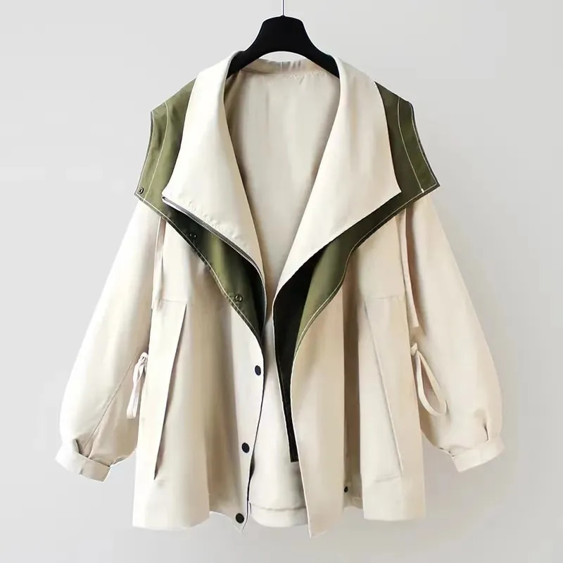 Women's hooded windbreaker jacket with contrast panels and drawstrings