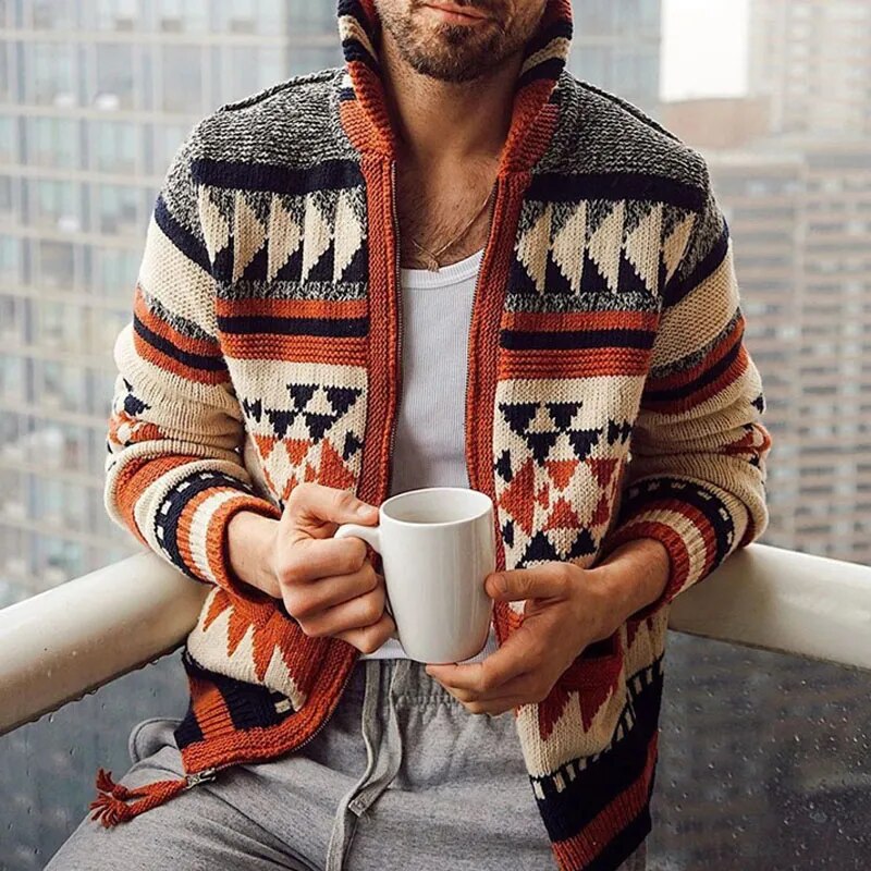 Men's geometric patterned cardigan jacket with mock collar and zip front