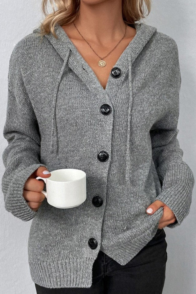 Women's hooded knitted cardigan with button front and ribbed trims