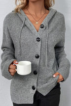 Women's hooded knitted cardigan with button front and ribbed trims