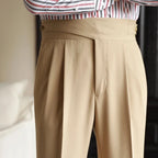 Men's high rise pleated straight leg trousers with side pockets