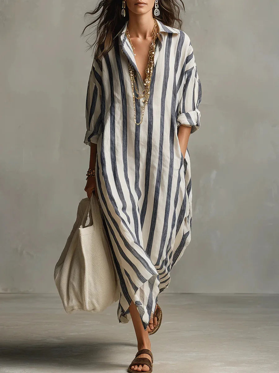 Women's long striped shirt dress with collar and rolled sleeves