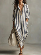 Women's long striped shirt dress with collar and rolled sleeves