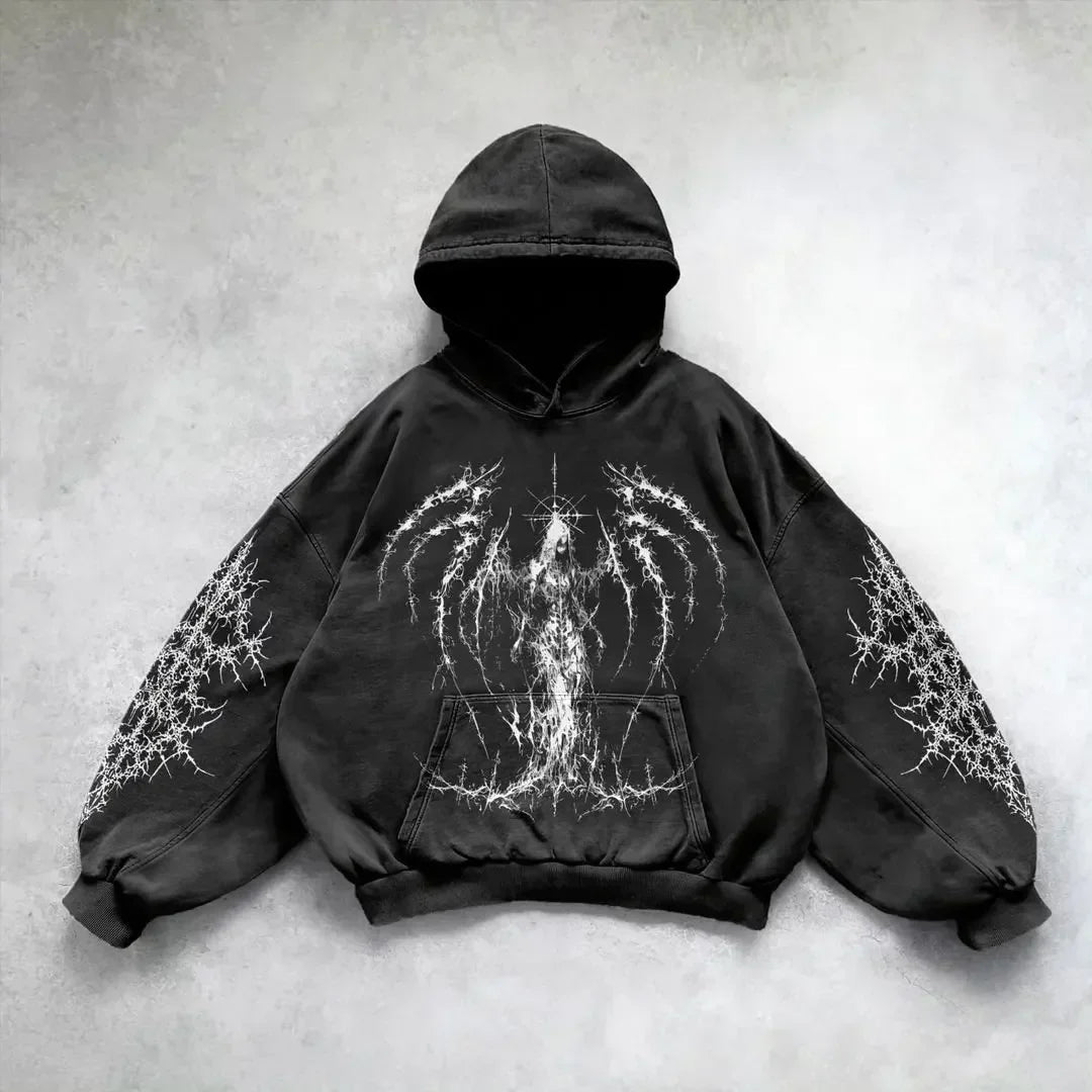 Black washed hoodie with graphic front and sleeve prints