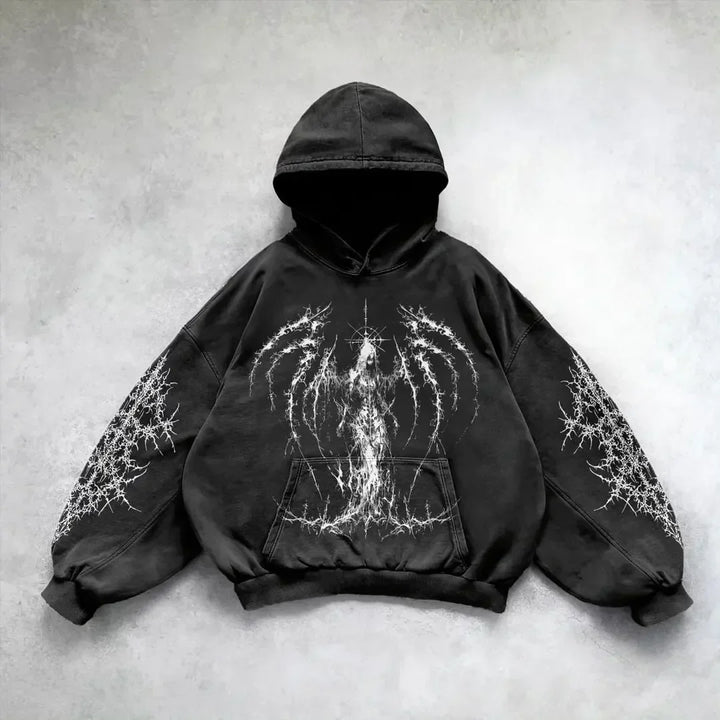 Black washed hoodie with graphic front and sleeve prints