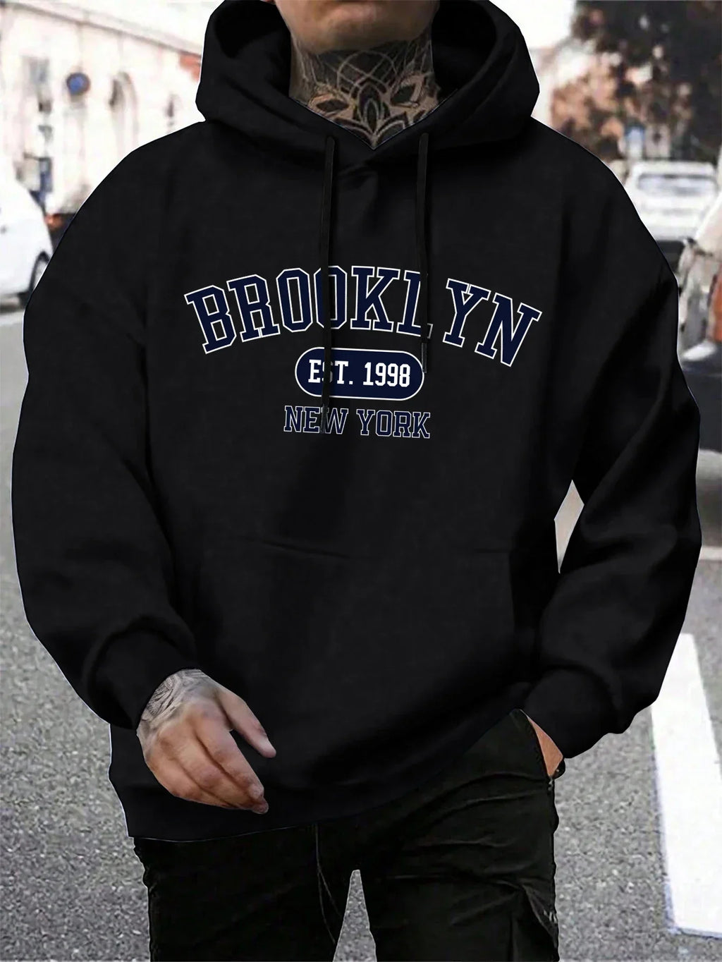 Men's long-sleeve graphic hoodie with drawstring hood and kangaroo pocket