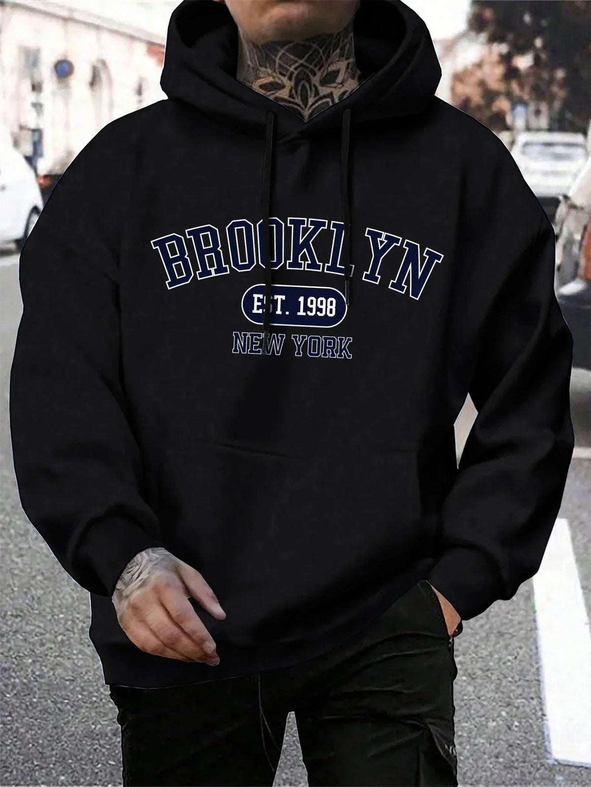Men's long-sleeve graphic hoodie with drawstring hood and kangaroo pocket