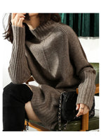 Women's ribbed turtleneck sweater dress with long sleeves and mini length