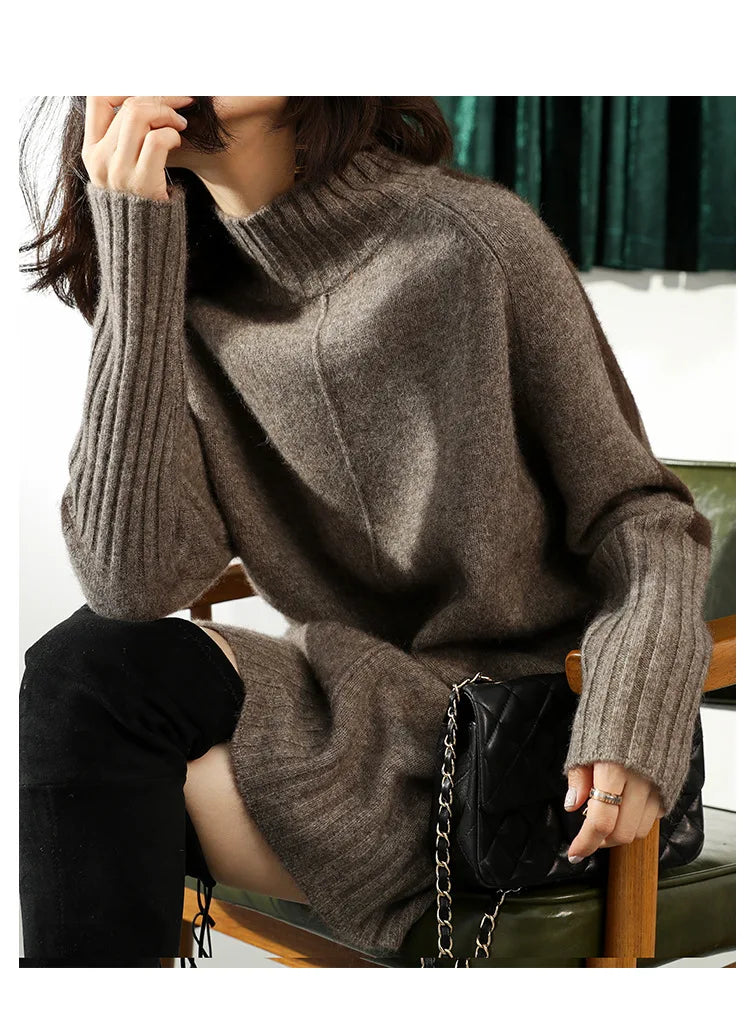 Women's ribbed turtleneck sweater dress with long sleeves and mini length