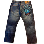 Dark wash wide-leg jeans with a Statue of Liberty back graphic