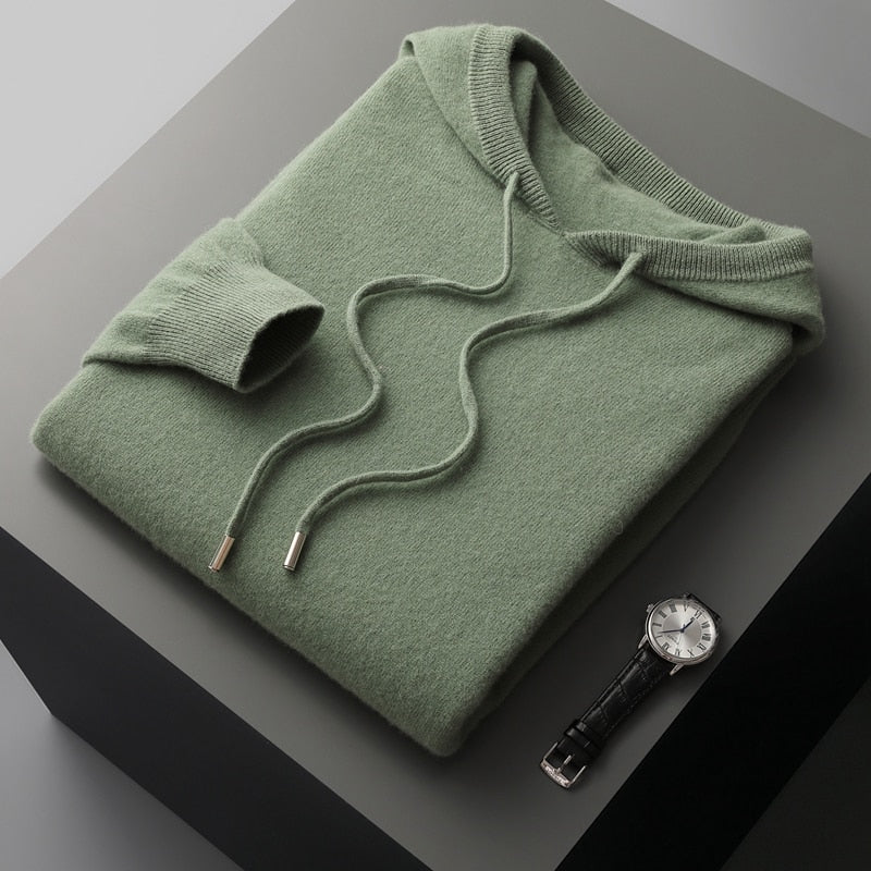 Men's plain hooded sweater with drawstrings and ribbed trims