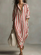 Women's long striped shirt dress with collar and rolled sleeves