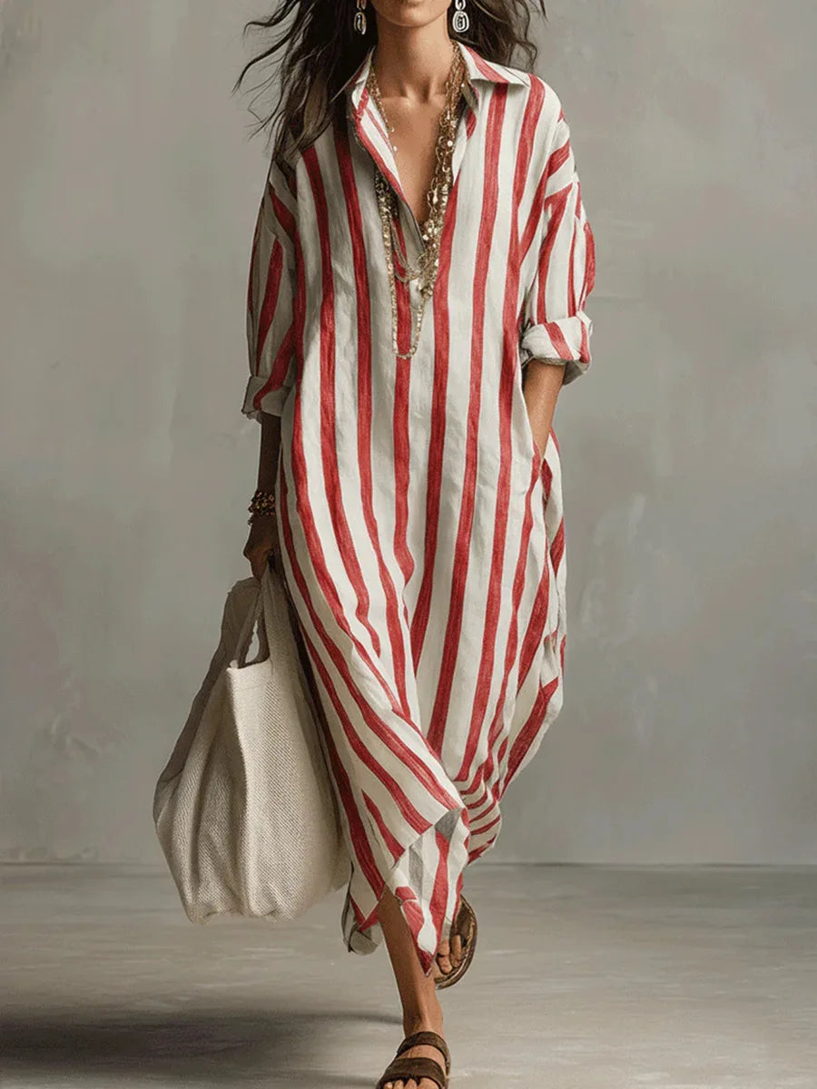 Women's long striped shirt dress with collar and rolled sleeves