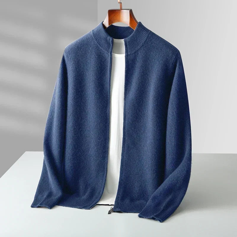 Men's long-sleeve zip-up cardigan with ribbed mock neck and trims
