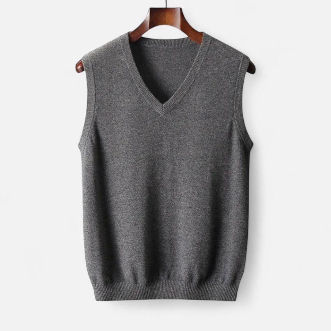 Men's plain V-neck knitted vest with sleeveless cut and ribbed trims