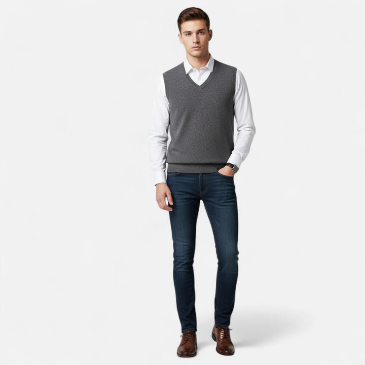 Men's plain V-neck knitted vest with sleeveless cut and ribbed trims
