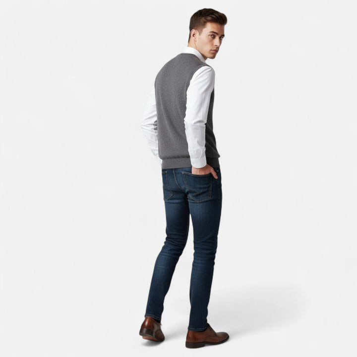 Men's plain V-neck knitted vest with sleeveless cut and ribbed trims