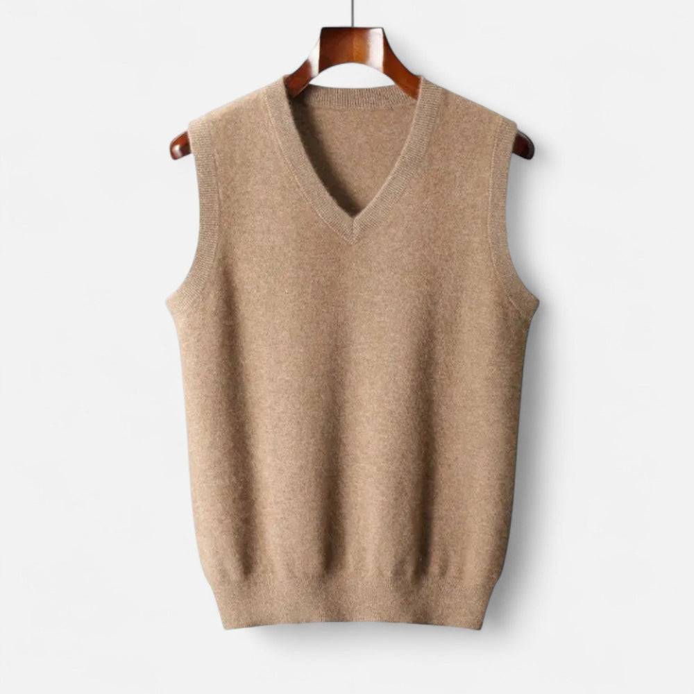 Men's plain V-neck knitted vest with sleeveless cut and ribbed trims