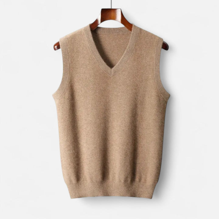 Men's plain V-neck knitted vest with sleeveless cut and ribbed trims