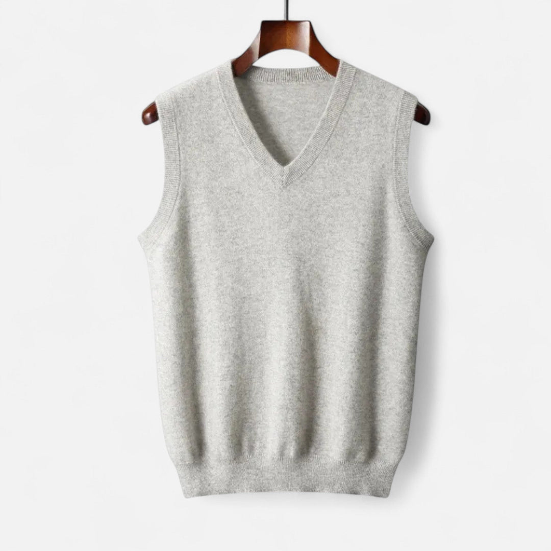 Men's plain V-neck knitted vest with sleeveless cut and ribbed trims