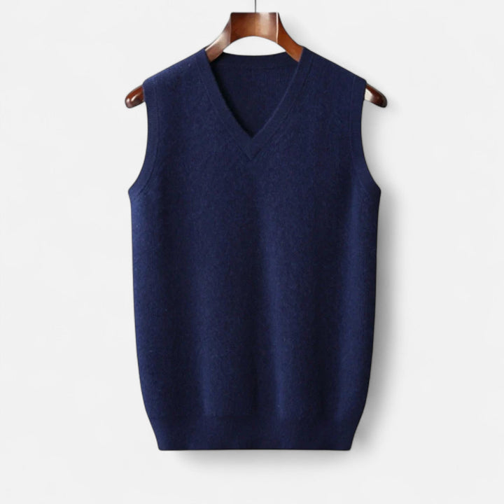Men's plain V-neck knitted vest with sleeveless cut and ribbed trims