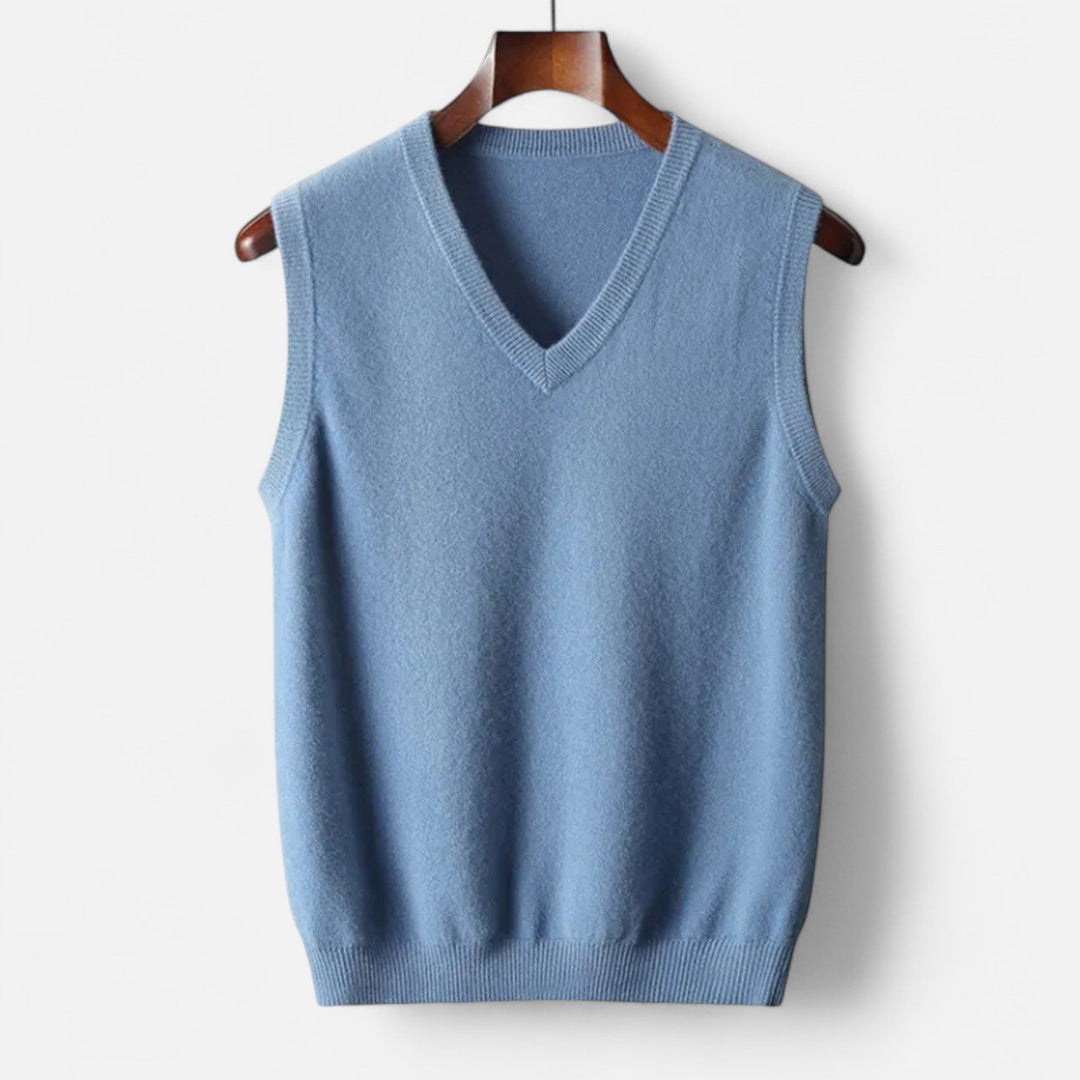 Men's plain V-neck knitted vest with sleeveless cut and ribbed trims