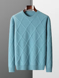 Long-sleeve diamond pattern crew neck sweater with ribbed trims