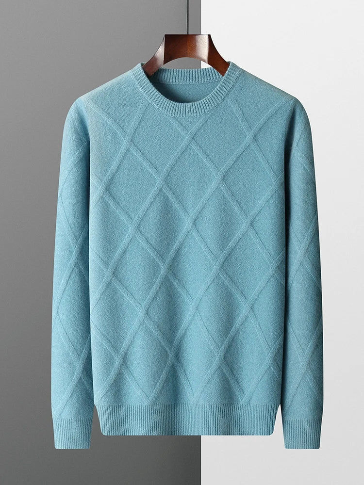 Long-sleeve diamond pattern crew neck sweater with ribbed trims