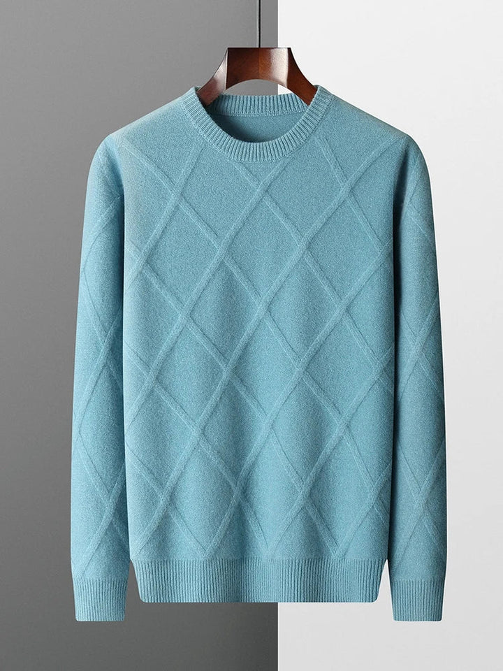 Long-sleeve diamond pattern crew neck sweater with ribbed trims