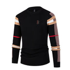 Men's crew neck sweater with striped long sleeves and ribbed trims