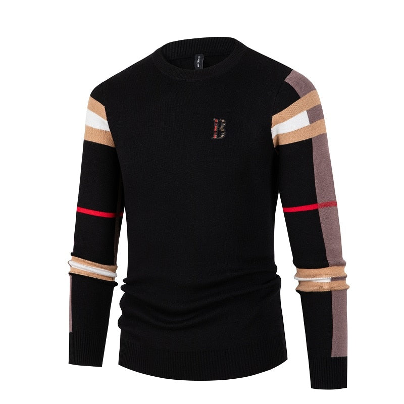 Men's crew neck sweater with striped long sleeves and ribbed trims