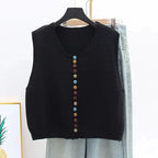 Sleeveless knit vest with scoop neck and multicolour front buttons